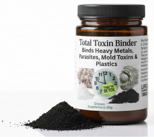 Jar of 'Total Toxin Binder' dietary supplement with black powder on a white background
