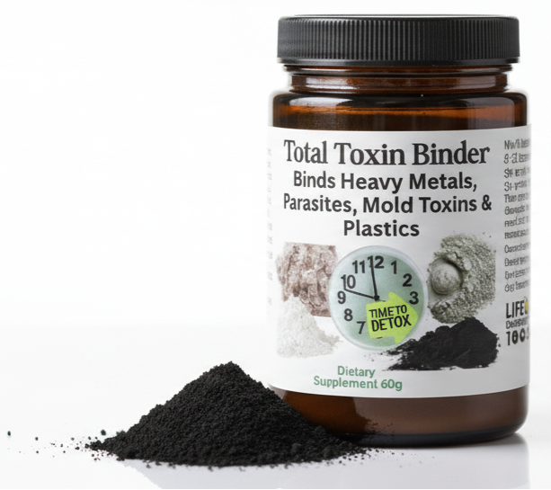 Jar of 'Total Toxin Binder' dietary supplement with black powder on a white background