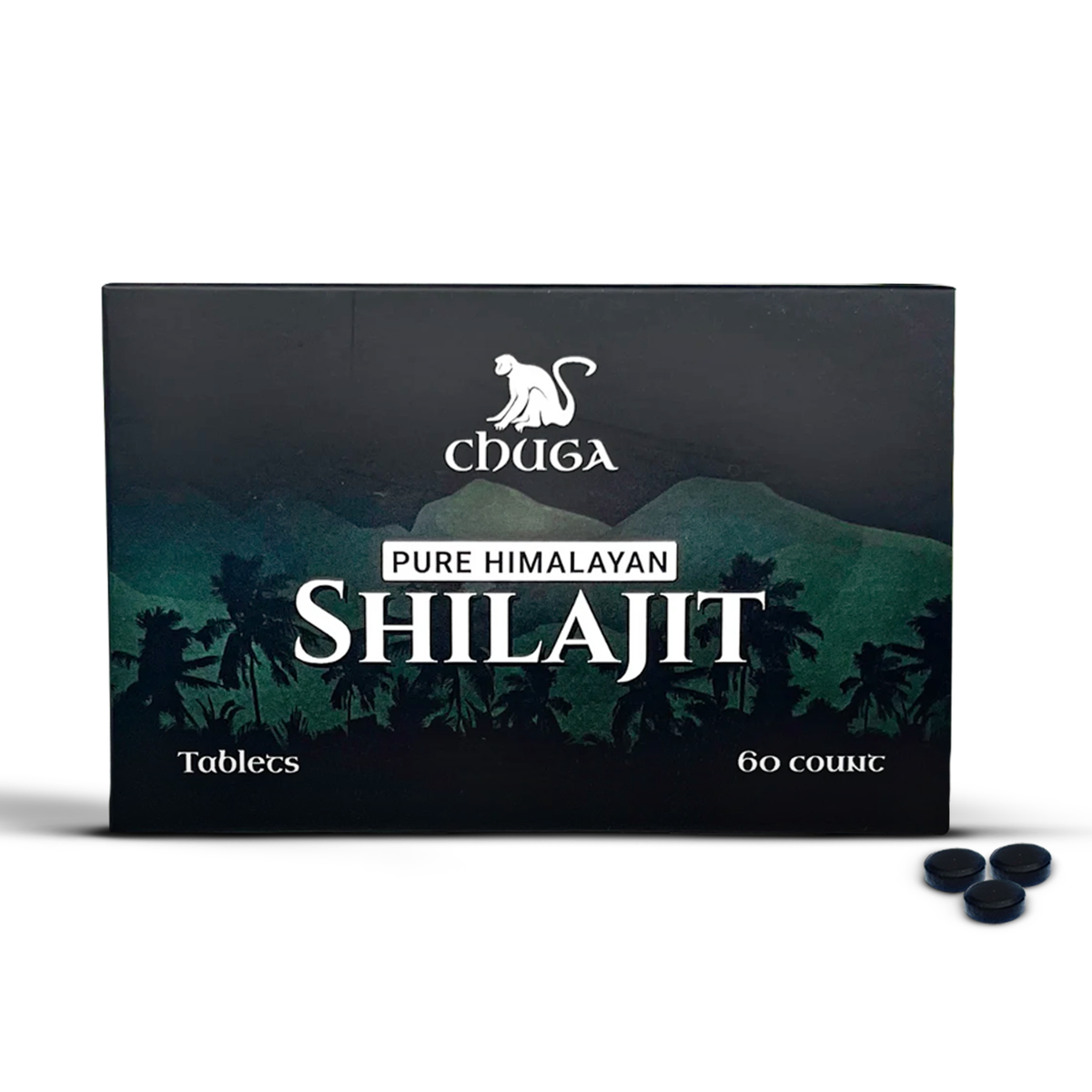 Box of Chuga Pure Himalayan Shilajit tablets with a scenic design on the packaging.