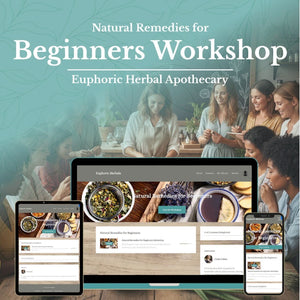 Promotional graphic for a 'Natural Remedies for Beginners Workshop' with people around a table and digital devices displaying the workshop website.