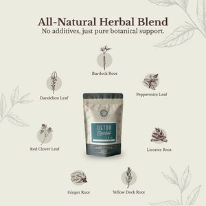 Detox herbal tea packaging with botanical illustrations on a light background