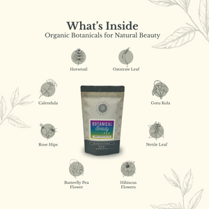 Tea package with botanical illustrations on a light background