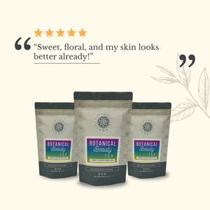 Three packages of Botanical Beauty Tea with a five-star rating and customer review on a white background.