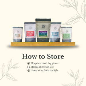 Tea bags on a wooden shelf with storage instructions on a white background