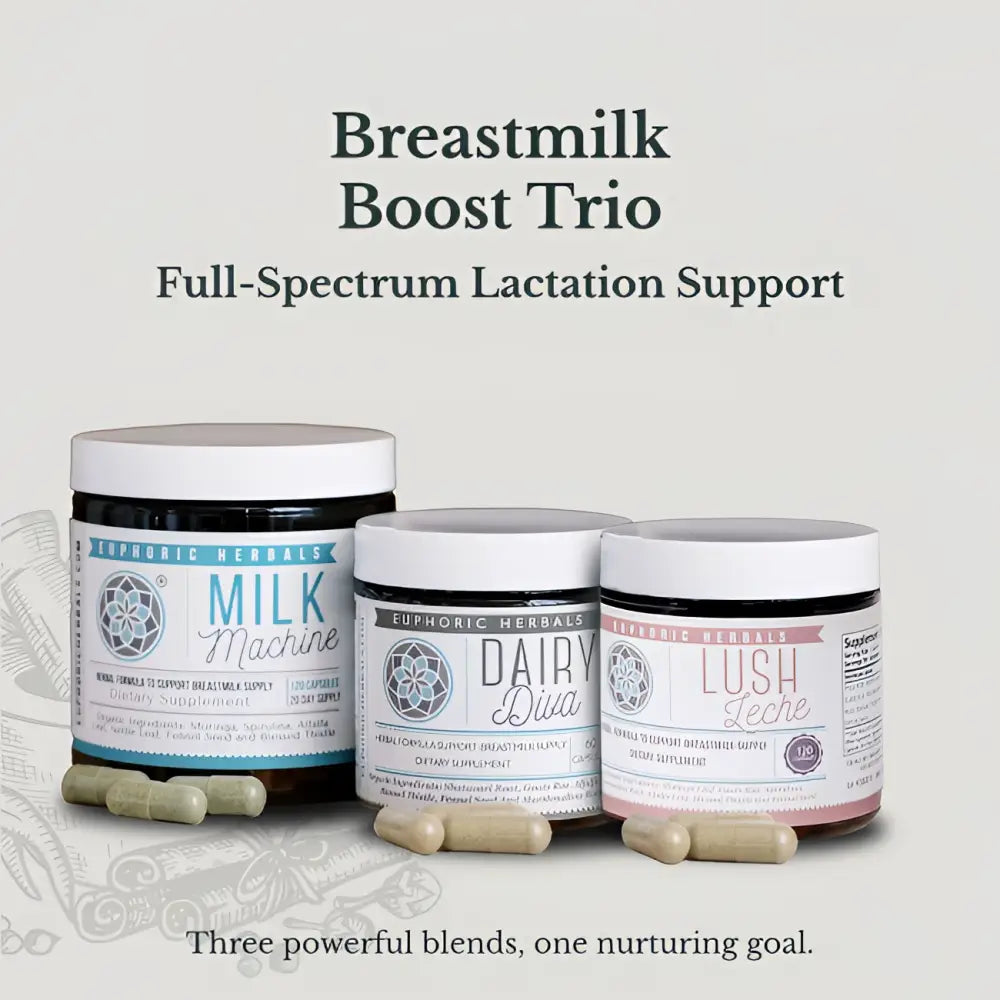 Breastmilk Boost Trio - Increase Milk Supply The contains Dairy Diva Lush Leche and Machine capsules. These herbal