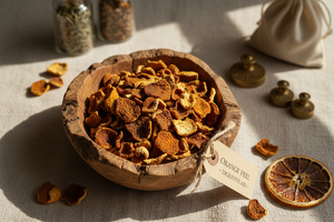 Create an image of dried orange peel, small cut in a wooden bowl