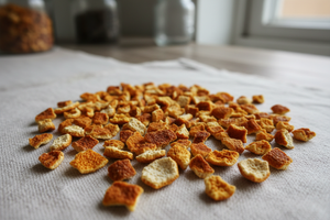 Create the dried orange peel cut in smaller pieces.