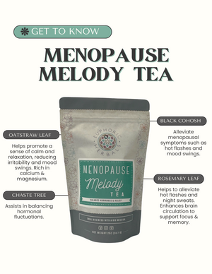 Menopause Melody Tea packaging with product details on a white background