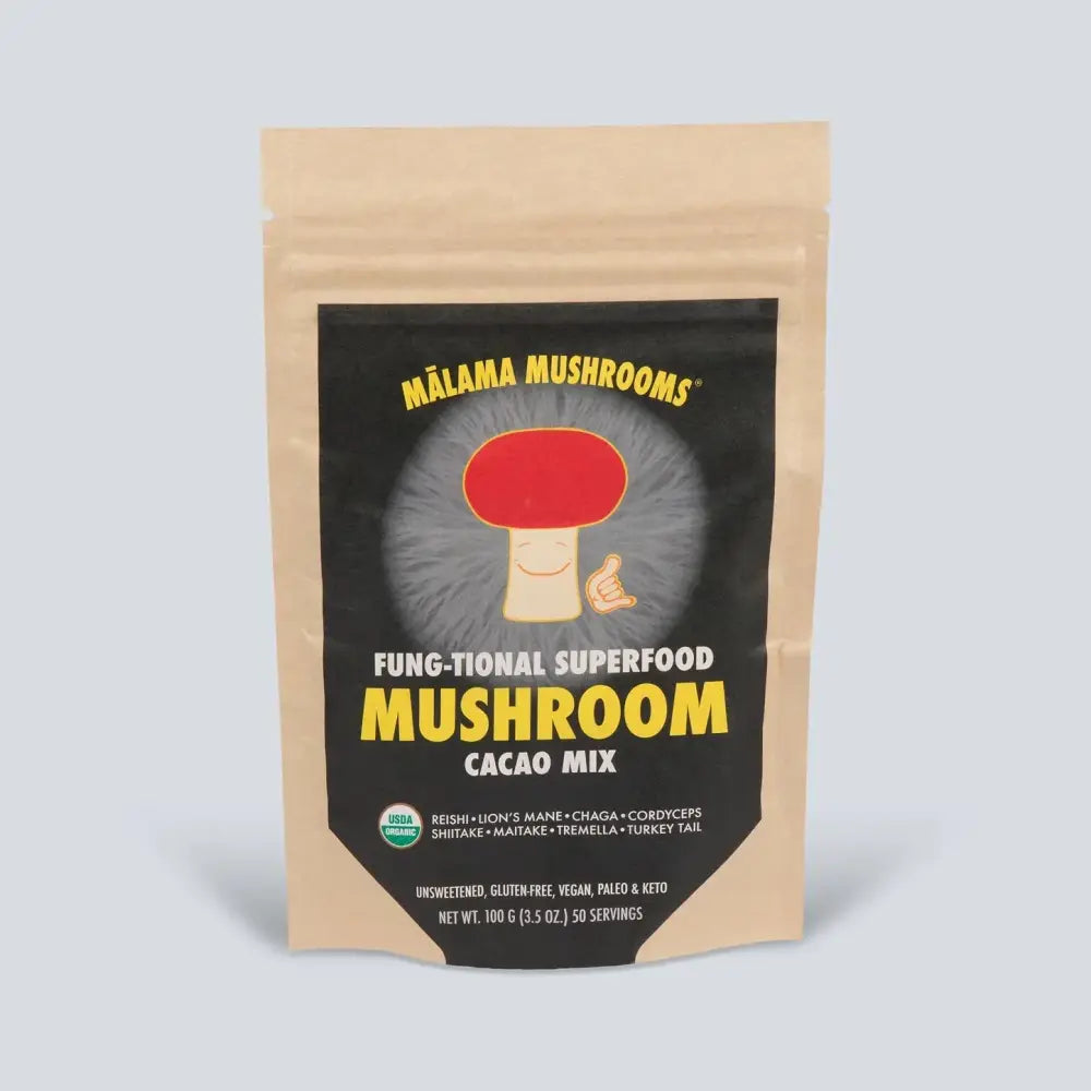 Mushroom Cacao Blend Powder - Apothecary Mālama Mushrooms contains eight species including reishi and chaga.