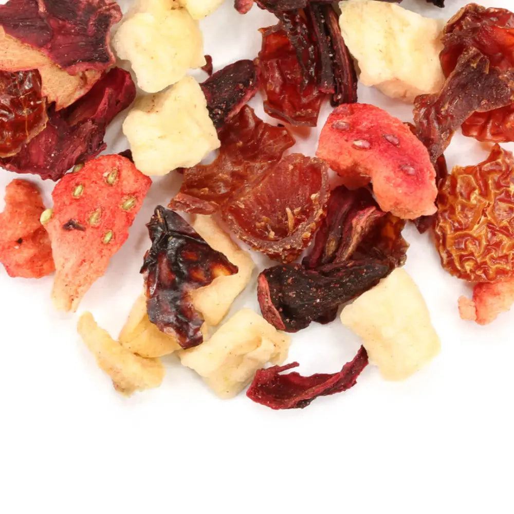 Wild Strawberry Herbal Tea - strawberry tea contains rose hips hibiscus apple pieces and raspberry leaves. This blend