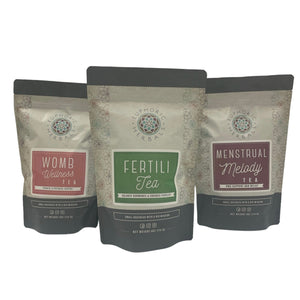 Three packages of Euphoric Herbs tea on a white background