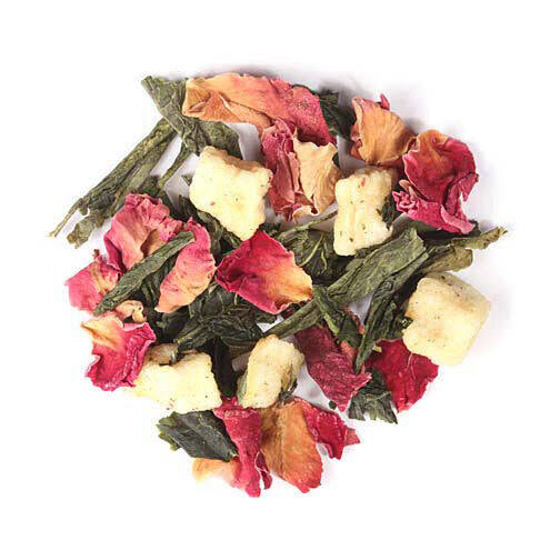 Green tea leaves with rose petals and dried fruit