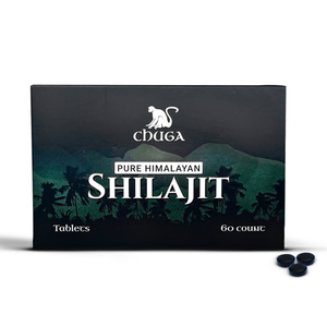 Box of Chuga Pure Himalayan Shilajit tablets with a scenic design on the packaging.