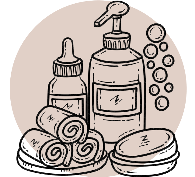 Illustration of skincare products including bottles, soap, and towels on a beige background