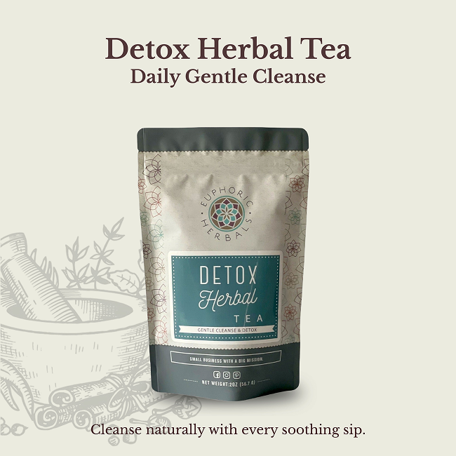 Detox Herbal Tea package with branding on a light background