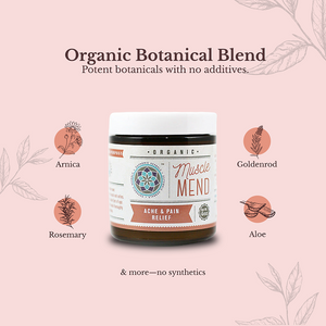 Jar of 'Muscle Mend' organic botanical blend on a pink background with plant illustrations.