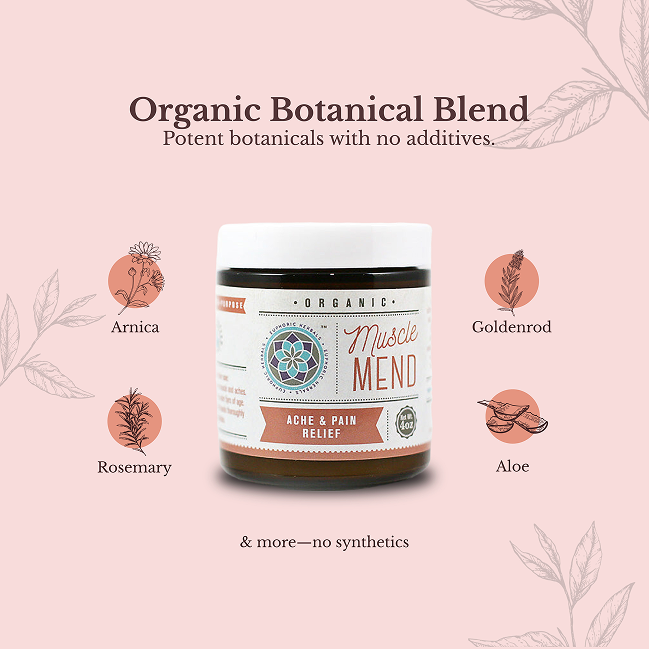 Jar of 'Muscle Mend' organic botanical blend on a pink background with plant illustrations.