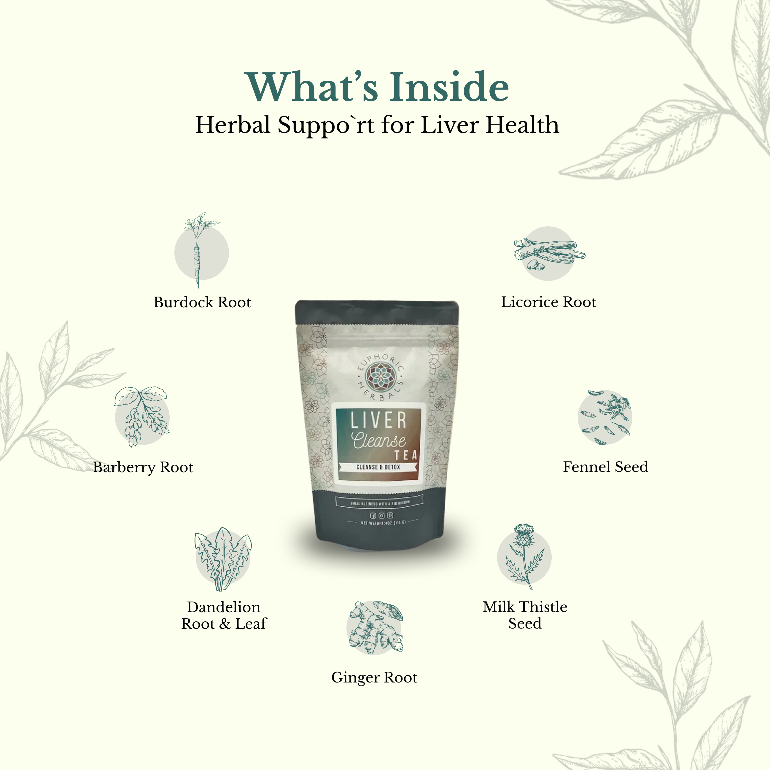 Herbal supplement package for liver health with labeled roots and seeds on a white background.