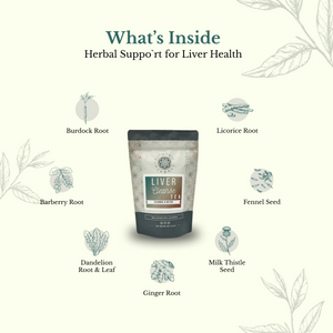 Herbal supplement package for liver health with labeled roots and seeds on a white background.