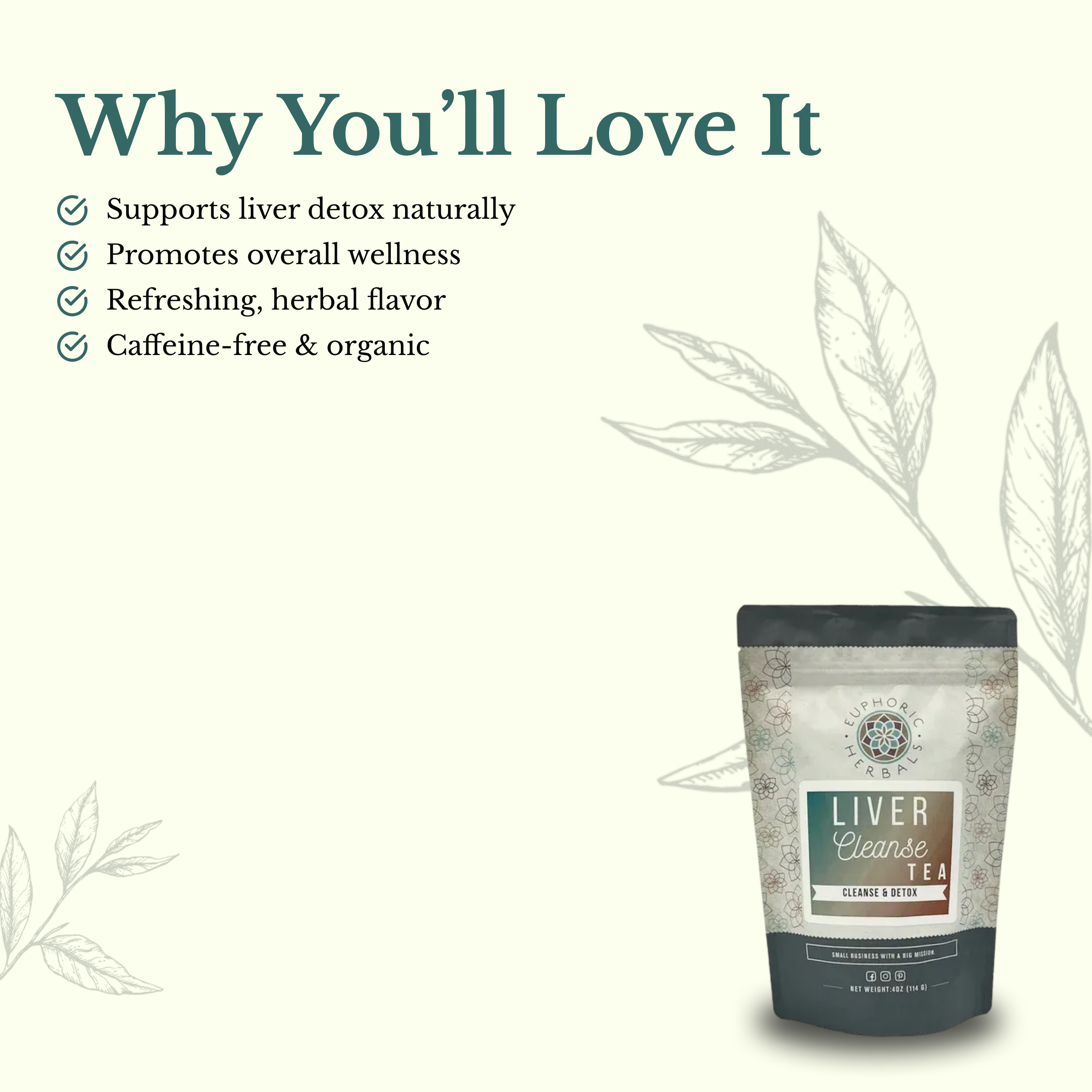 Tea package with text highlighting benefits on a white background