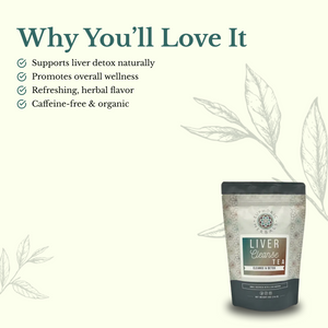 Tea package with text highlighting benefits on a white background