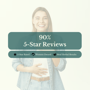 Woman with text overlay about 90% 5-star reviews, women-owned business, and real herbal results.