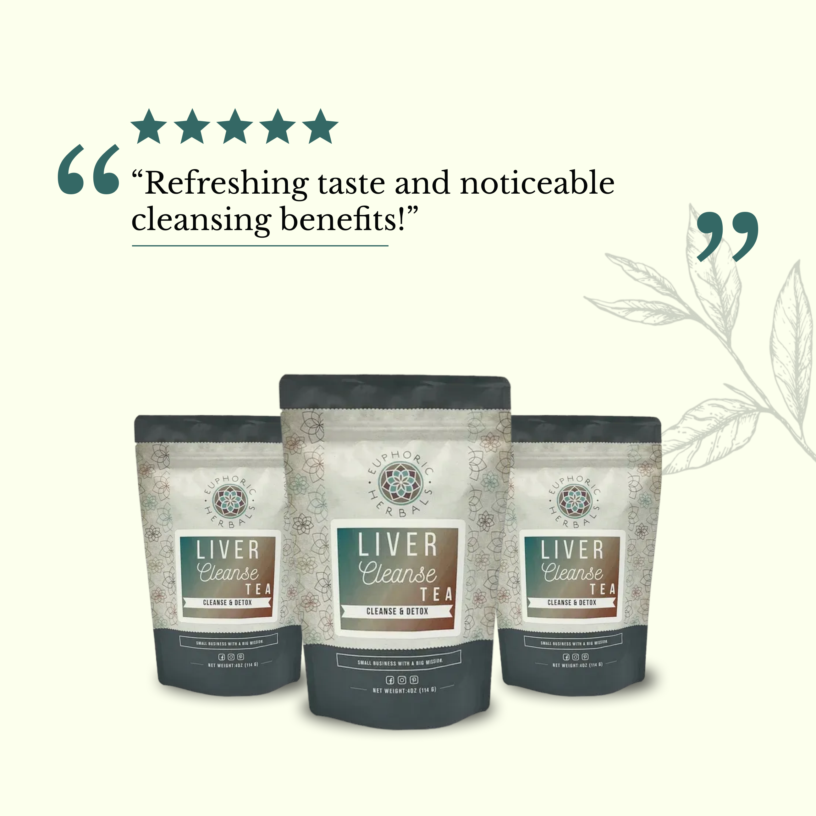 Three packages of Liver Cleanse Tea with a five-star rating and customer review on a white background.
