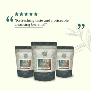 Three packages of Liver Cleanse Tea with a five-star rating and customer review on a white background.