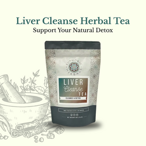 Herbal tea package for liver cleanse with decorative elements on a light background