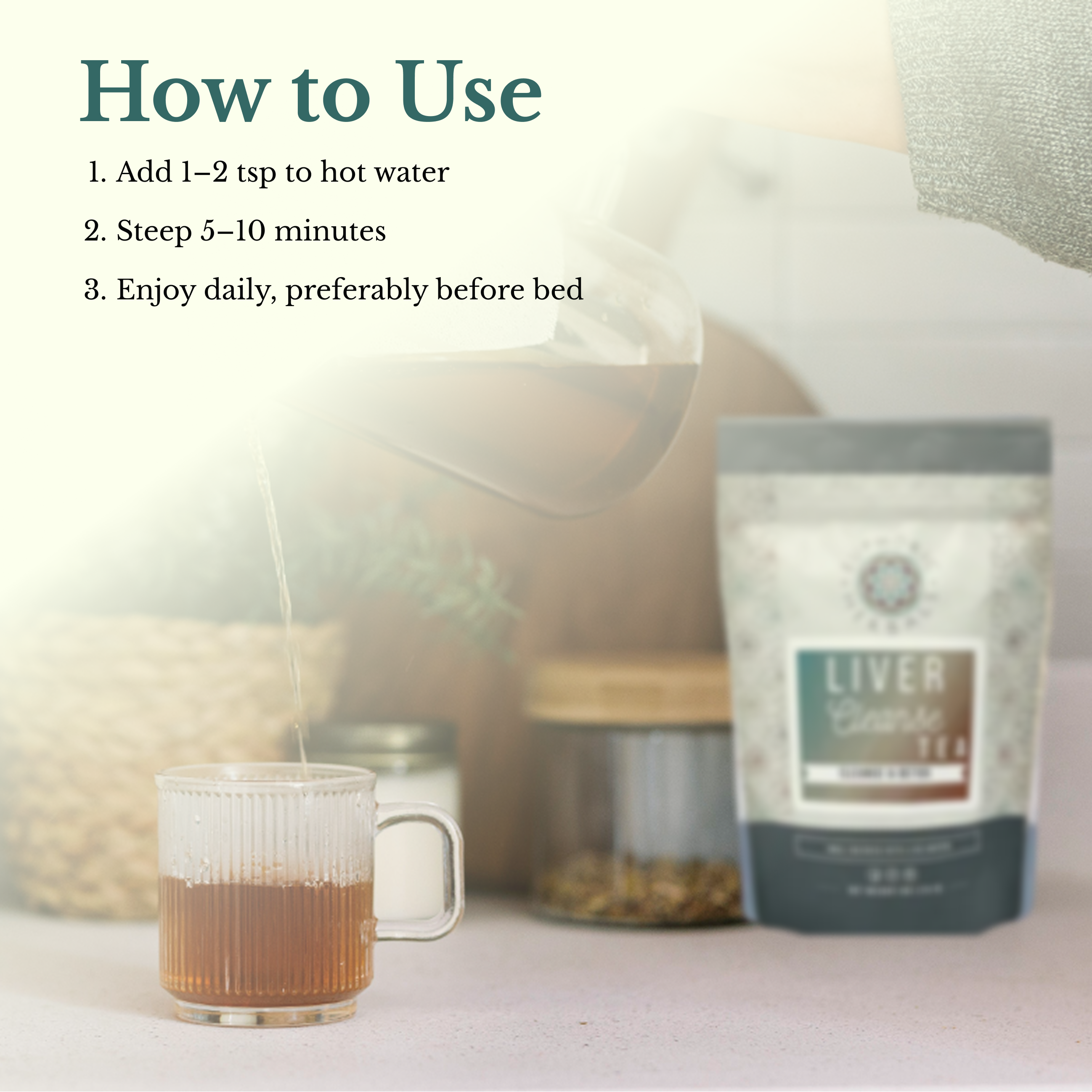 Tea packaging with a cup of tea and instructions on how to use it.