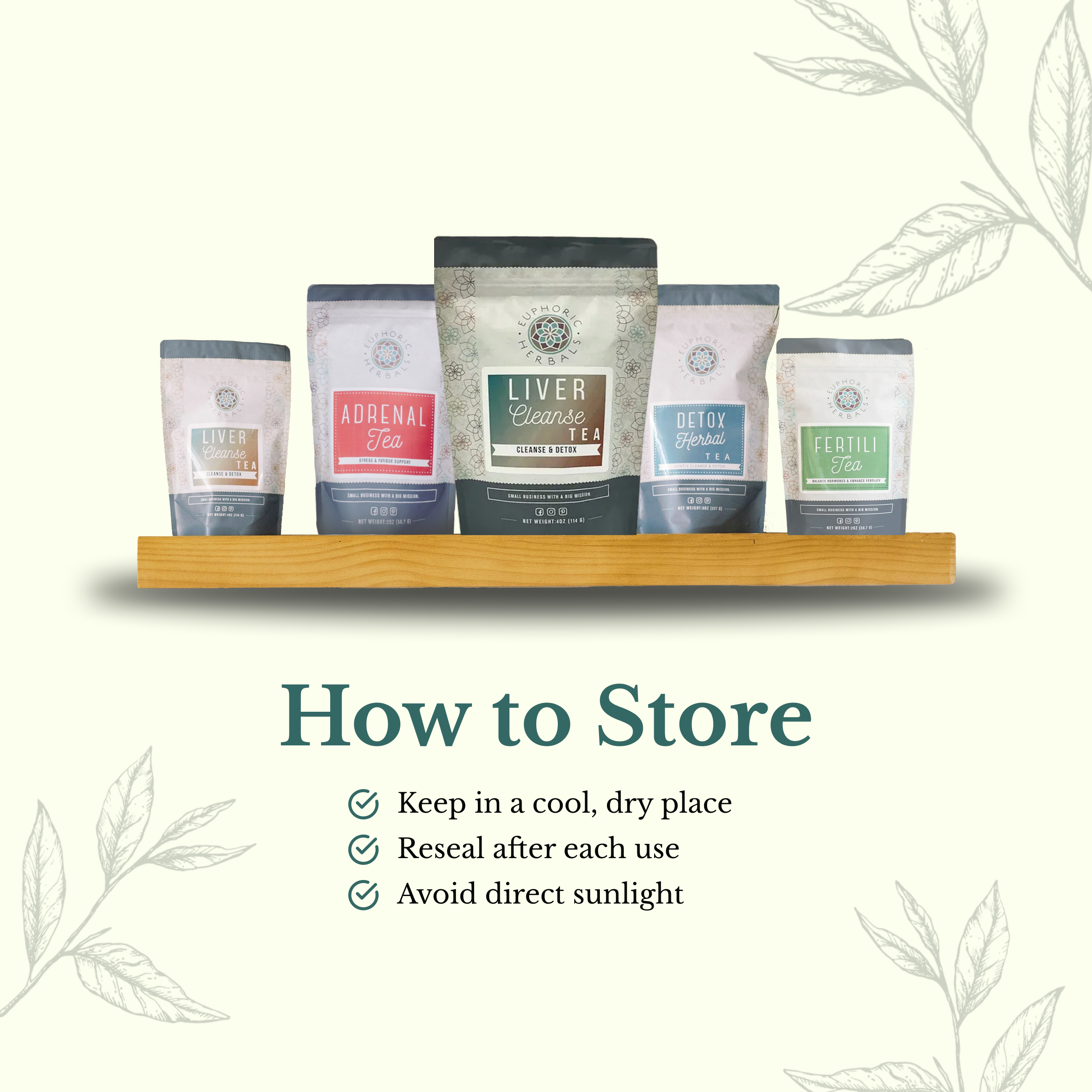 Five tea packages on a wooden shelf with storage instructions text.