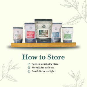 Five tea packages on a wooden shelf with storage instructions text.