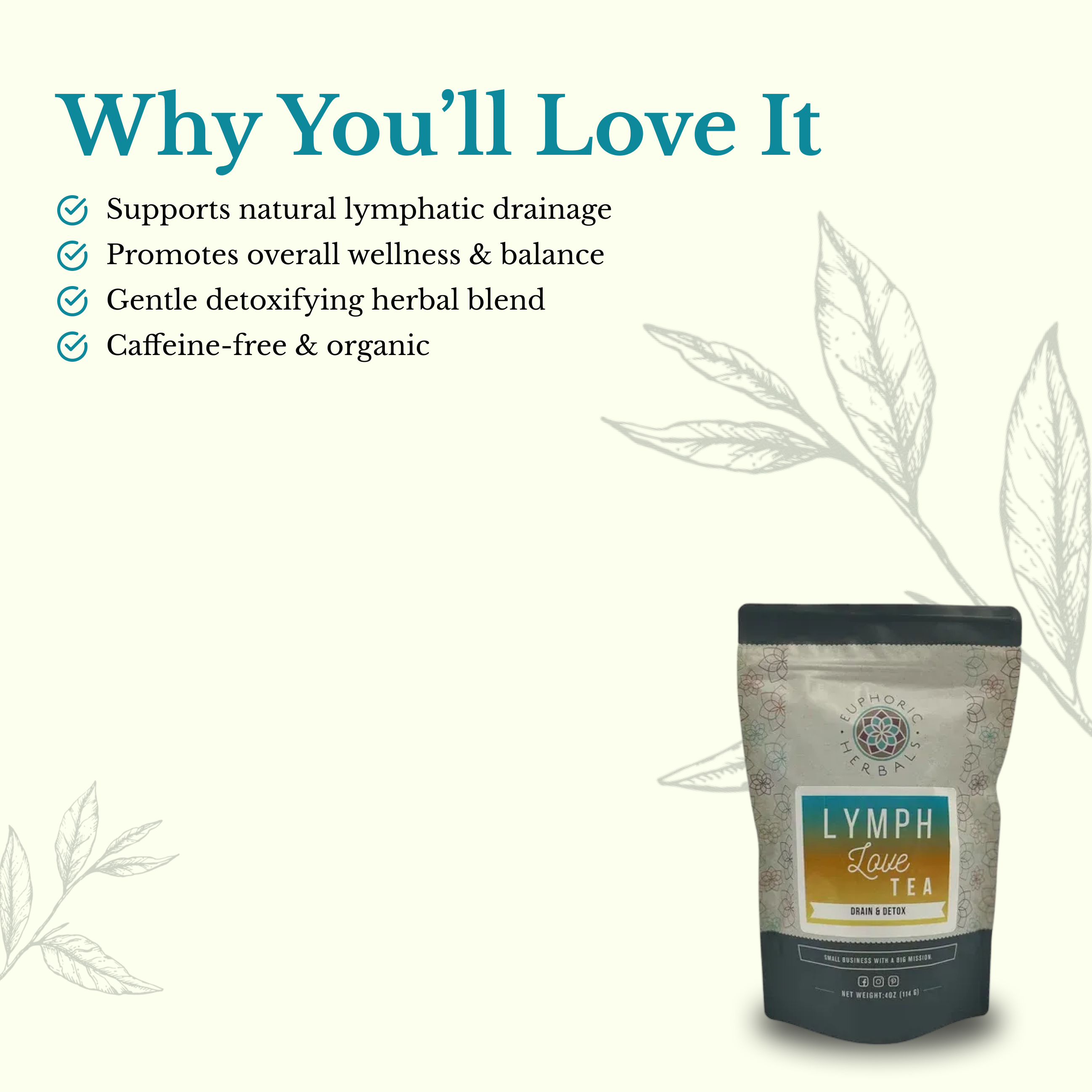 Tea package with text highlighting benefits on a white background