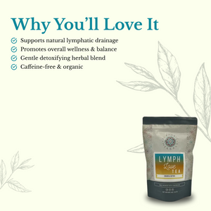 Tea package with text highlighting benefits on a white background