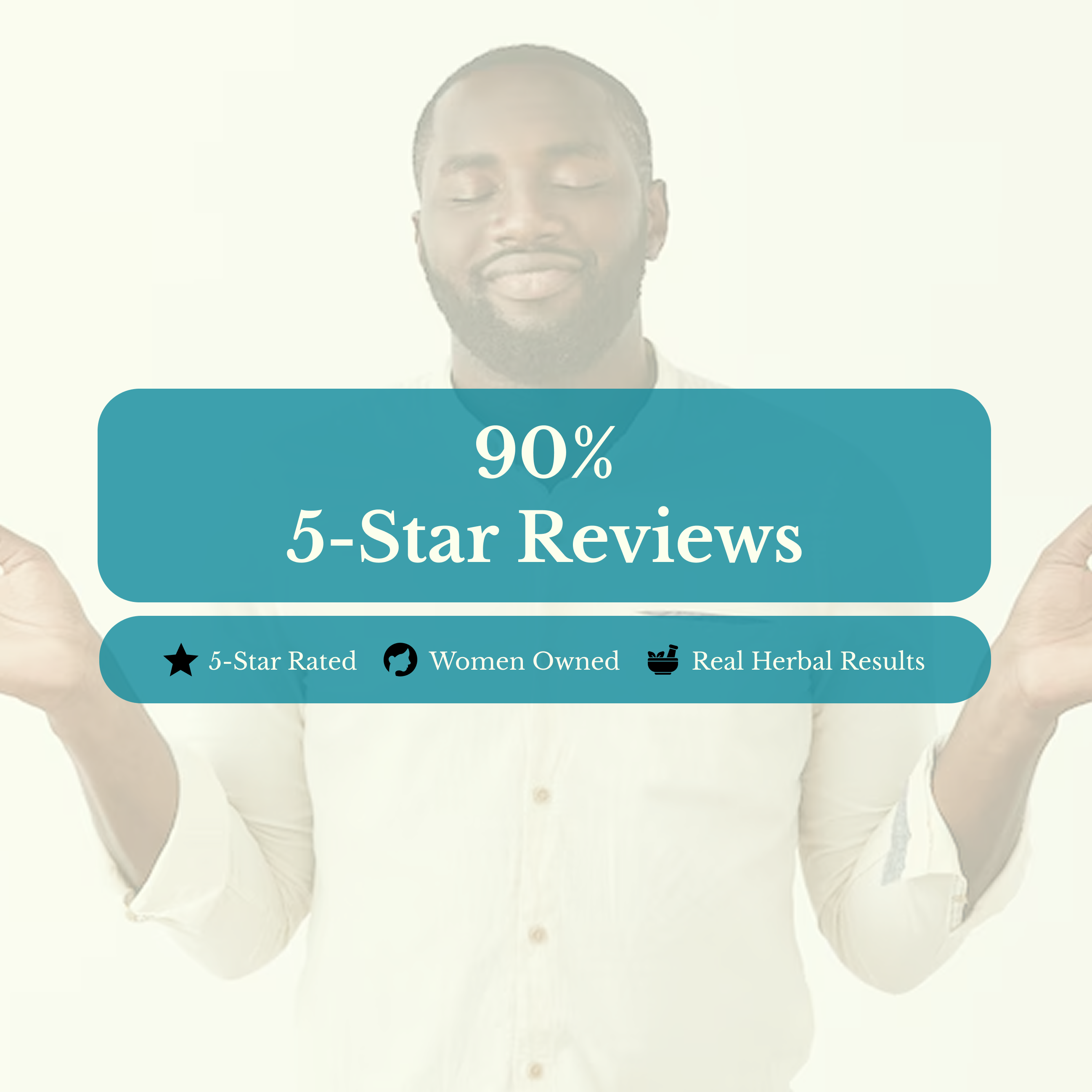 Man with a blurred face, text overlay about 90% 5-star reviews, and brand attributes on a light background.