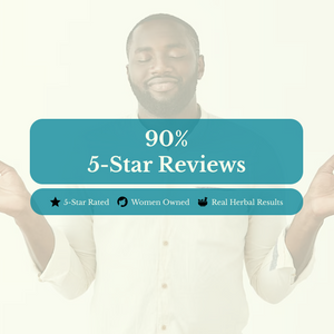 Man with a blurred face, text overlay about 90% 5-star reviews, and brand attributes on a light background.