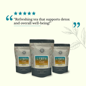 Three packages of Lymph Love Tea with a white background and text about detox and well-being.