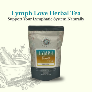 Lymph Love Herbal Tea package with branding and product name on a light background