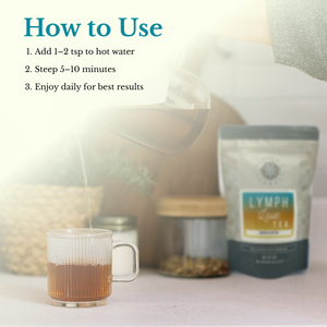 Tea packaging with a cup of tea and text on how to use it.