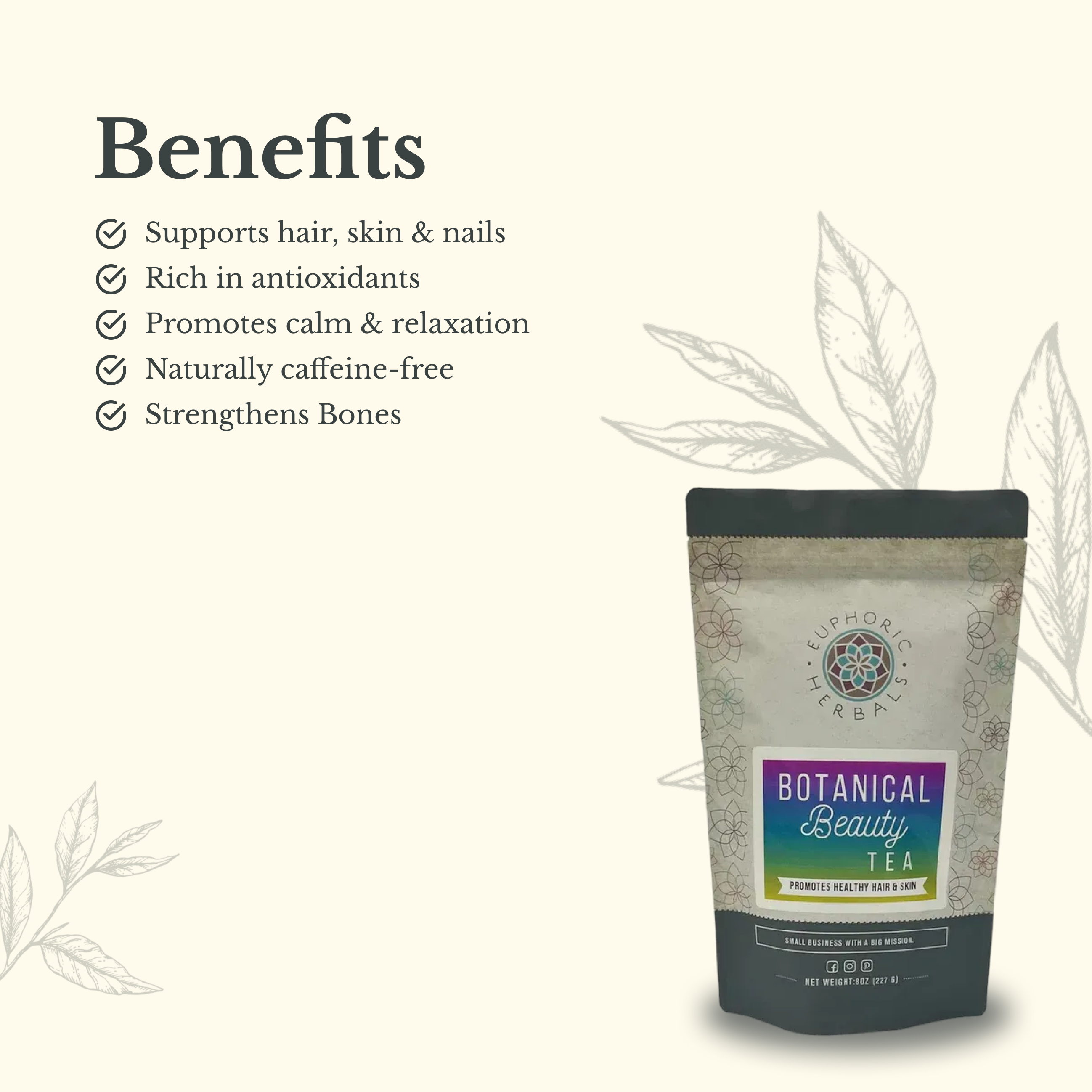 Euphoric Herbs Botanical Beauty Tea package with benefits listed on a white background