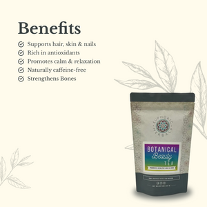 Euphoric Herbs Botanical Beauty Tea package with benefits listed on a white background