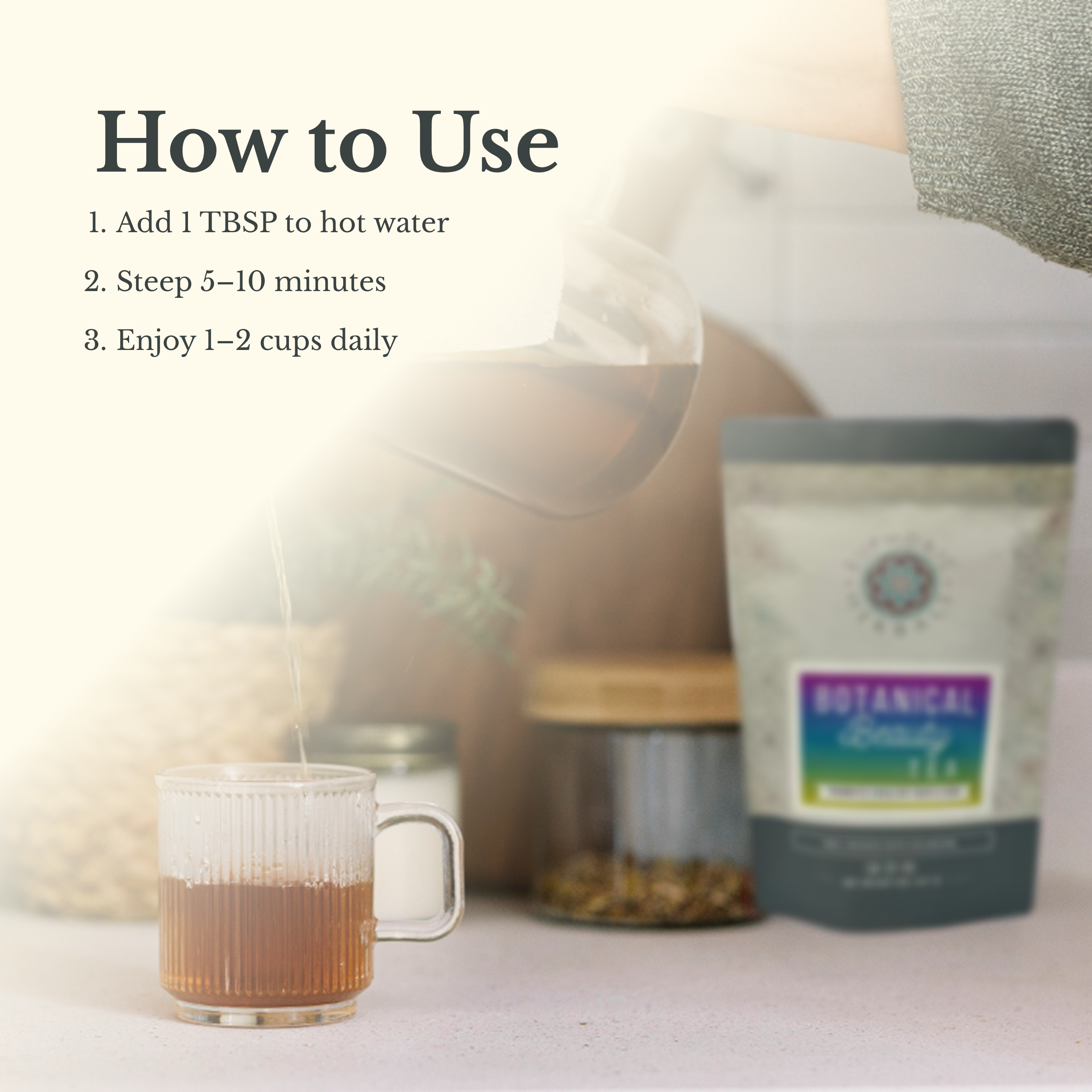 Tea-making instructions with a glass of tea, teapot, and tea packaging on a light background
