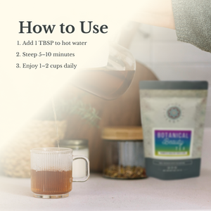 Tea-making instructions with a glass of tea, teapot, and tea packaging on a light background