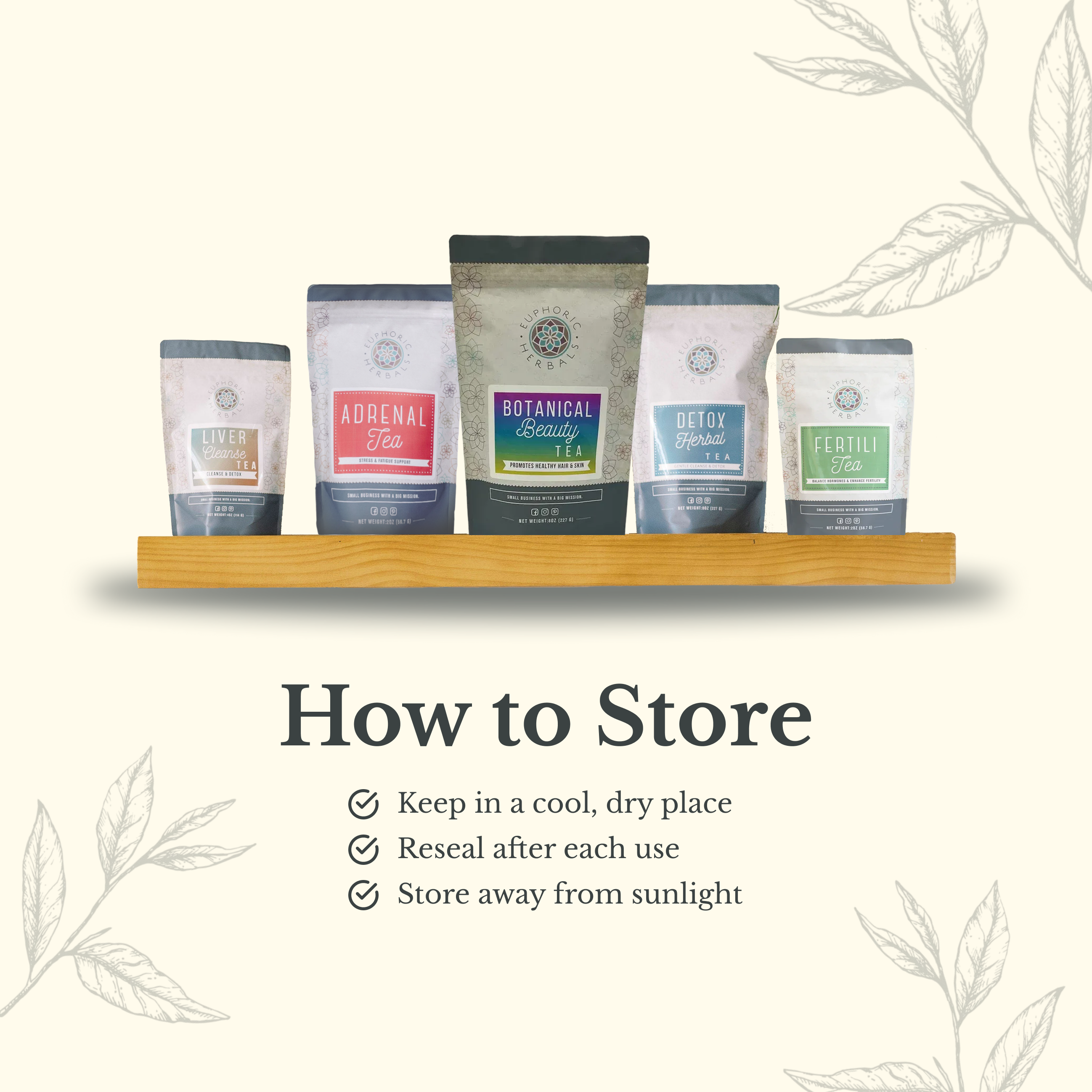Tea bags on a wooden shelf with storage instructions on a white background