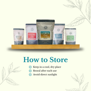 Five tea bags on a wooden shelf with storage instructions displayed below.