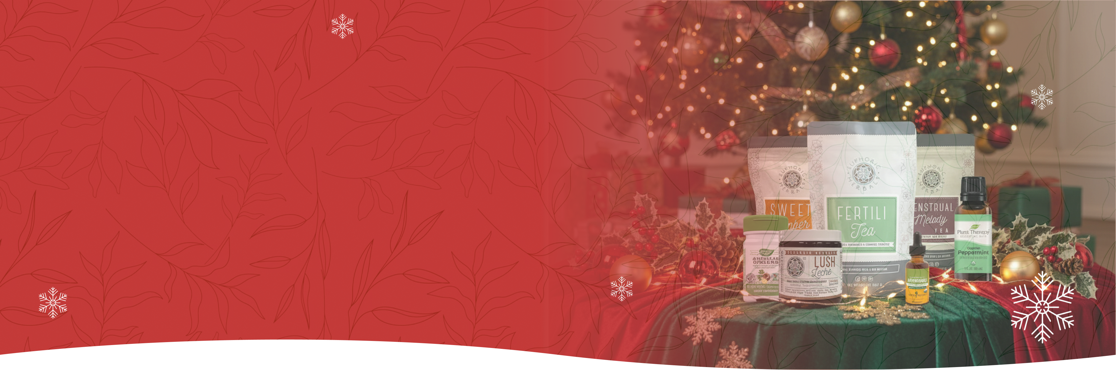 Cosmetic products on a table with a Christmas tree in the background