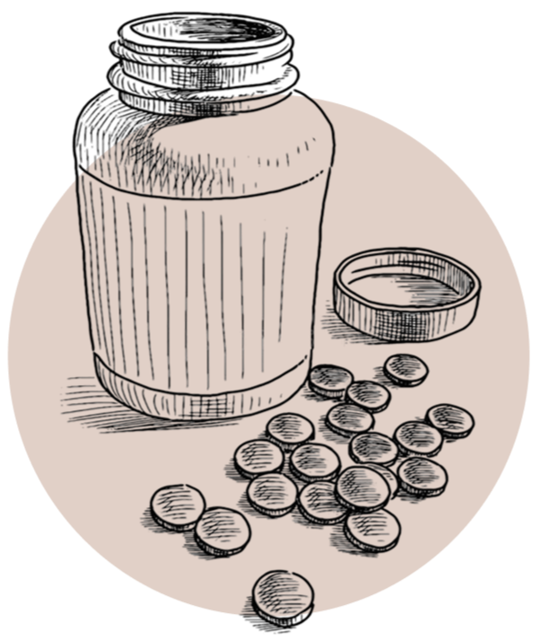 Illustration of a glass jar with a metal lid and scattered pills on a beige background