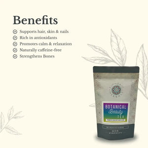 Botanical Beauty Tea - Postpartum blends horse tail and nettle for skin health. This herbal infusion uses butterfly pea