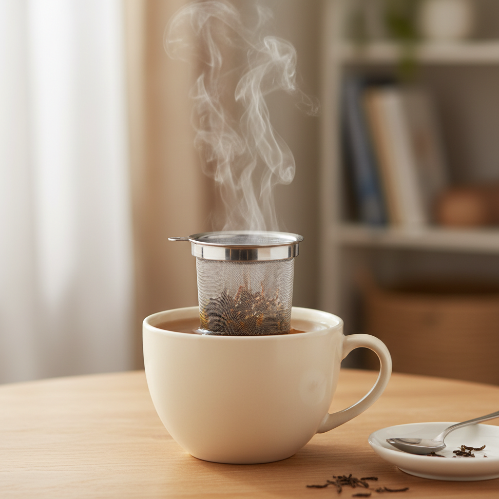 create an image using the stainless steel tea steeper in a mug for loose leaf tea