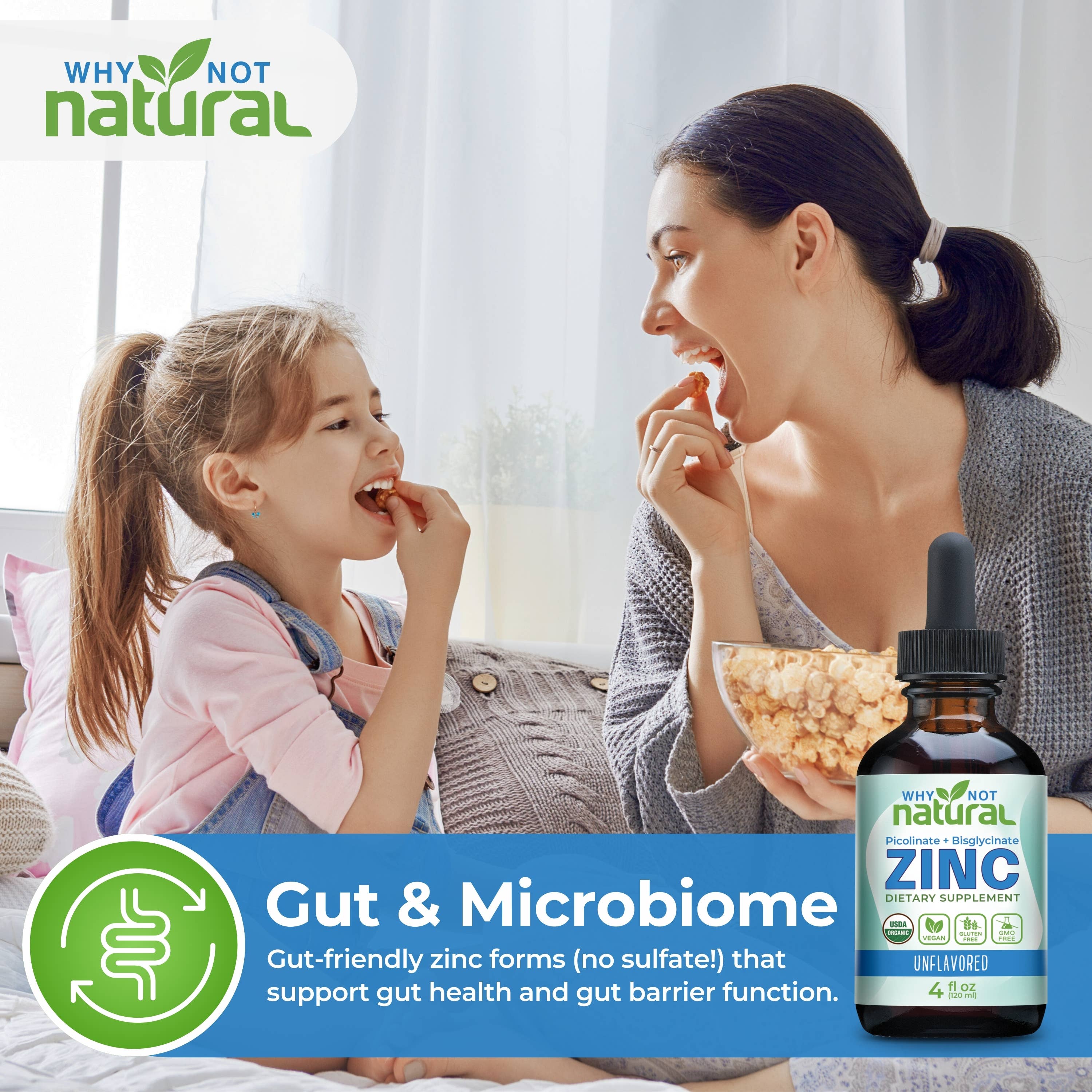 Woman and child eating cereal with a bottle of Zinc supplement in front of them, branded 'Why Not Natural'.